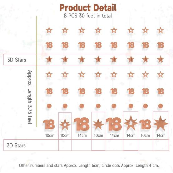 Rose Gold 18th Birthday Decorations for Girls, 8 PCS Number 18 Circle Dot 3D Star Metallic Hanging Streamer Happy 18 Year Old Birthday Party Supplies
