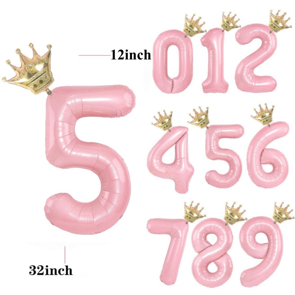 32/42inch Crown Decor Pink Aluminum Foil Digital Balloon Number Balloon For Birthday Party Decor Supplies Girls Birthday Favor