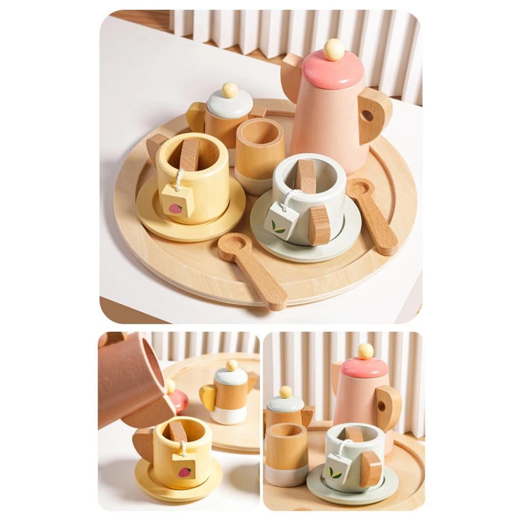 Wooden Pretend Plays Girls Toys Kitchen Game Simulated Makeup Play House Afternoon Tea Playset Cuting Food Educational Toys Gift