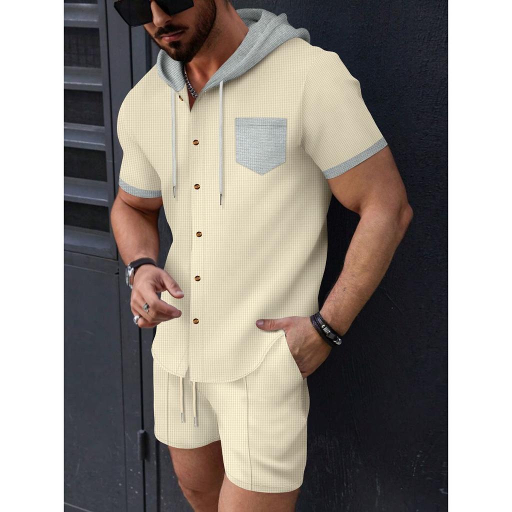 Sommer Sommer Herren Waffel-Shirt-Set einfarbig mit Kapuze kurzärmelig Shorts-Set