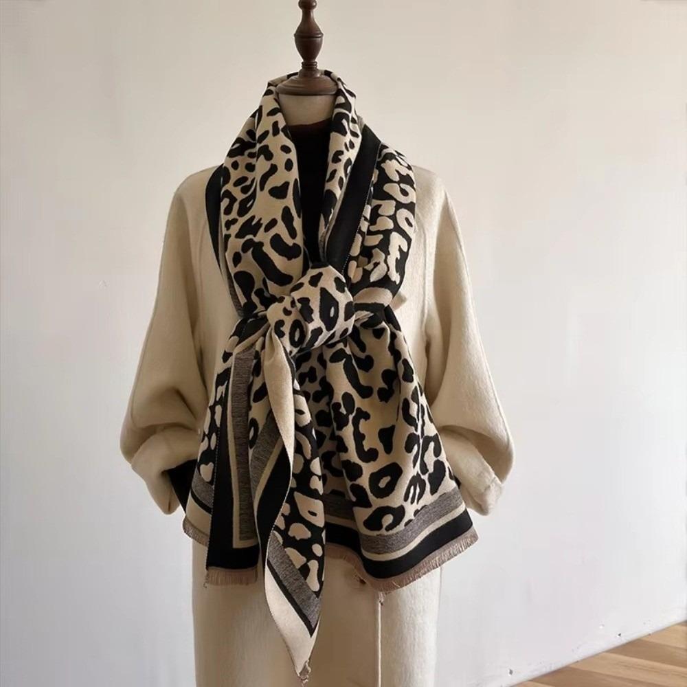 Winter Warm Cashmere Scarf Vintage Leopard print Fringed Shawls Elegant Tassel Scarves  Women Gift