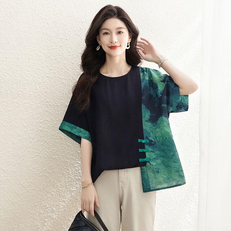 

Sibaishe Women s Fashion Print Patchwork Mid-length Blouse M