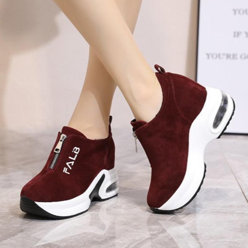 Chunky Sneakers Women's Autumn Casual Height Increased Wedges Shoes Suede Platform Vulcanize Shoe Zipper Loafers Chaussure Femme