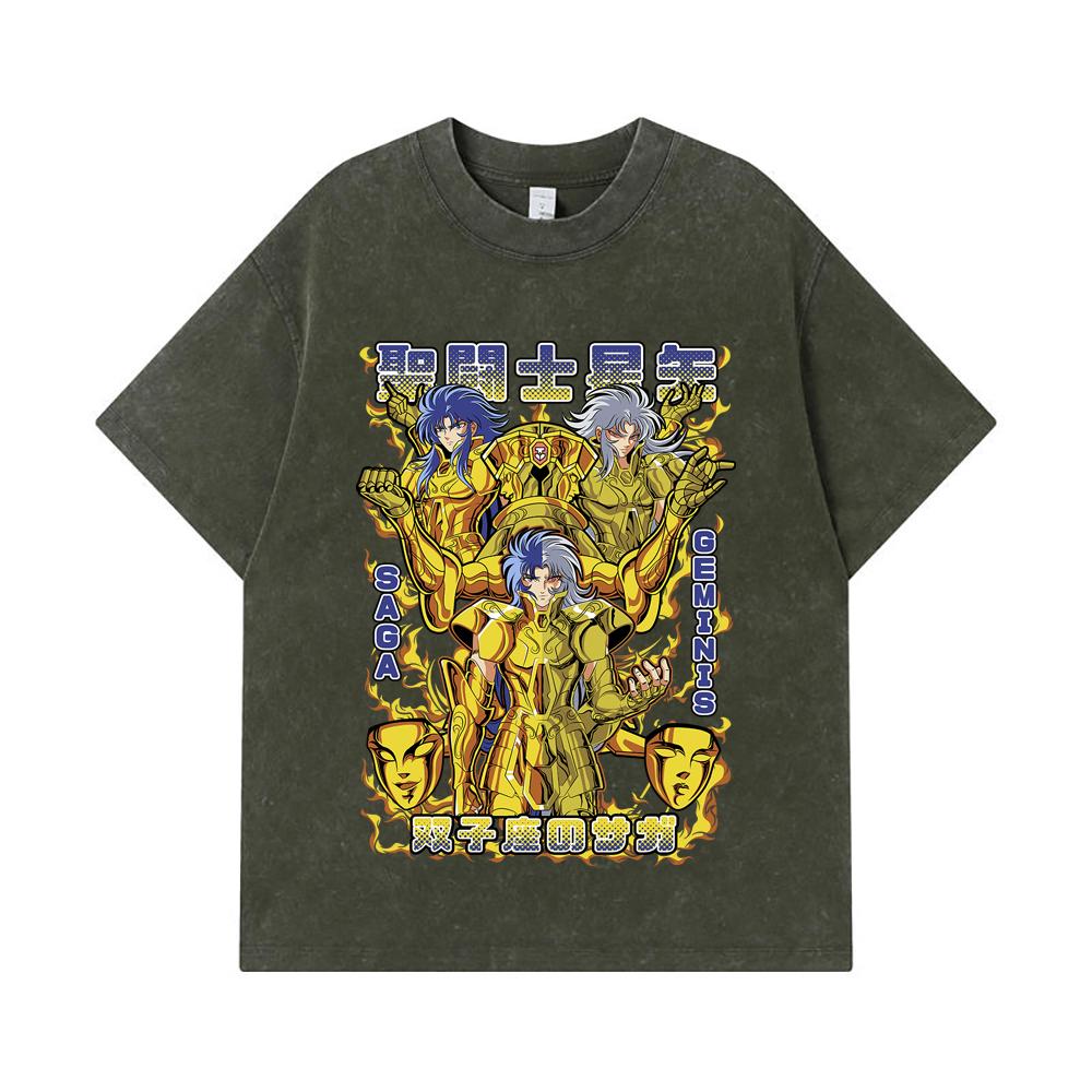 

Стиранные футболки 275 г/м² 100% Хлопок Saint Seiya V21 Принт Близнецы Унисекс Тяжелая хлопковая футболка S армия зеленый