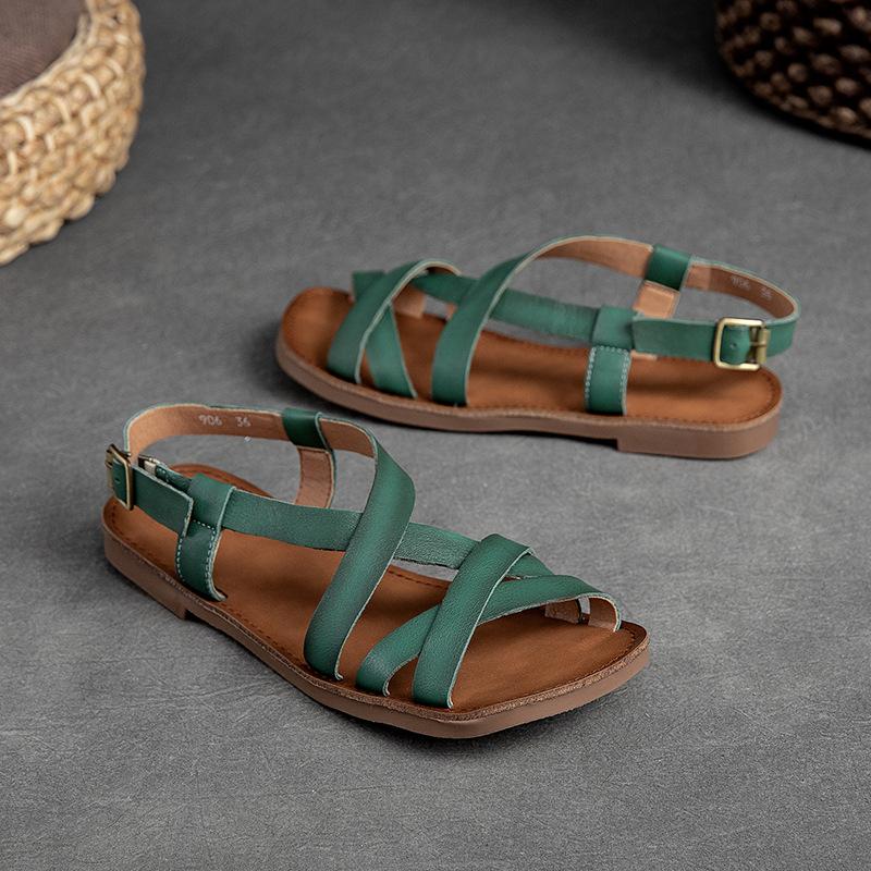Johnature Simple Genuine Leather Flat Sandals Casual Solid Color Soft Sole Comfortable Versatile Women Shoes