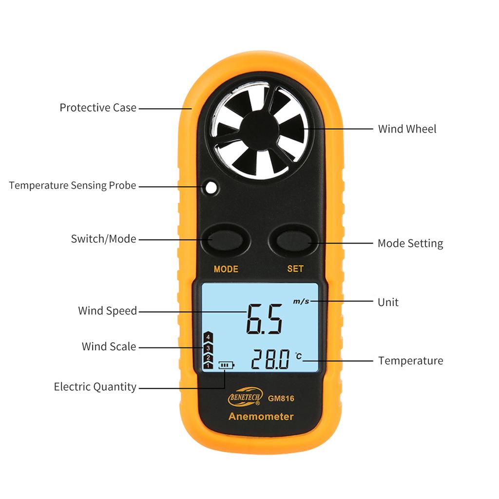 Digitales Anemometer Handheld Windgeschwindigkeitsmesser Messgerät Genau Messen Wind Temperatur Geschwindigkeit Hintergrundbeleuchtung LCD Digital
