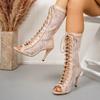 Design Elegante Ricamo di Pizzo Lavorazione a Maglia Ghiaccio Estivo Stivali Scarpe da Sposa per Sposa Scarpe con Punta Aperta Tacco Alto Sottile Sandali Stringati