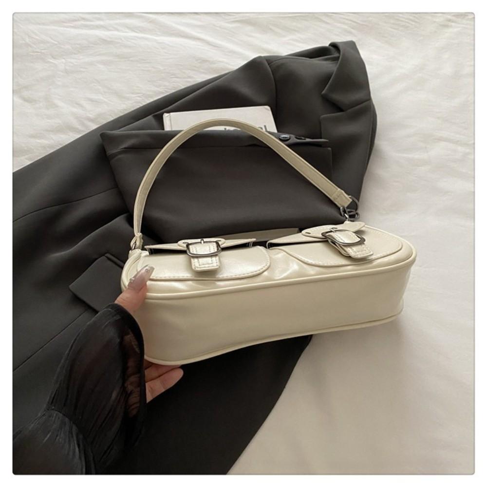 Fashion Double Pocket Shoulder Bag Glossy PU Leather Top Handle Bag Zipper Solid Color Underarm Bag Women