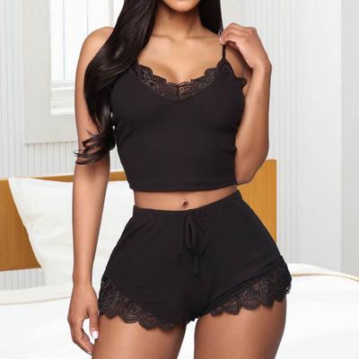 Women Pajamas Set Lace V Neck Sleeveless Elastic Top Drastring Elastic High Waist Slim