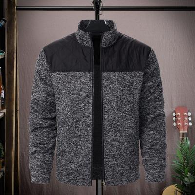 Fall Winter Men Jacket Knitted Patchwork Zipper Closure Stand Collar Cardigan Long Sleeves