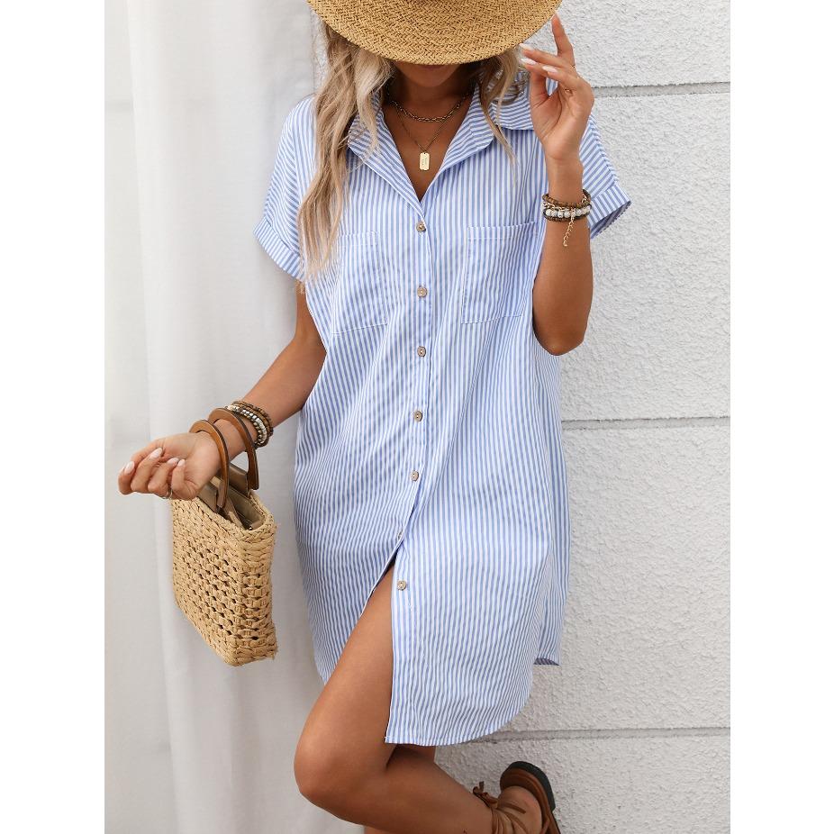 Summer Women's Short Sleeved Striped Cotton Linen Mid Length Shirt for Women Long Shirts