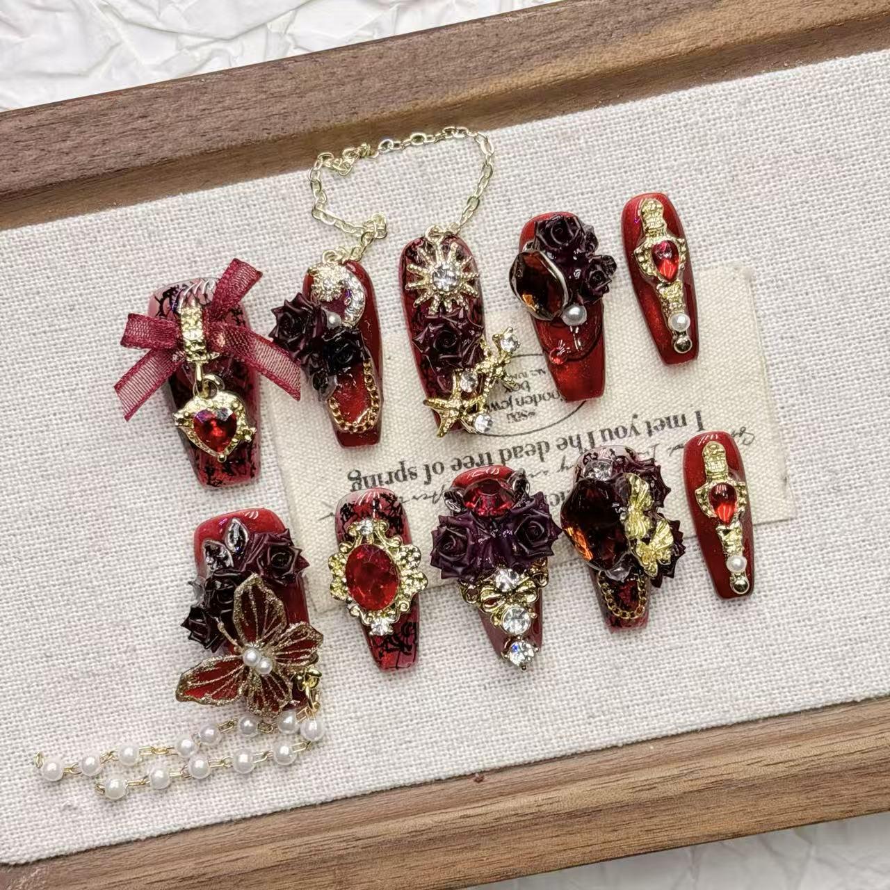 Dark Red Tassel 3D Butterfly High-End Handmade Wearable Nail Art