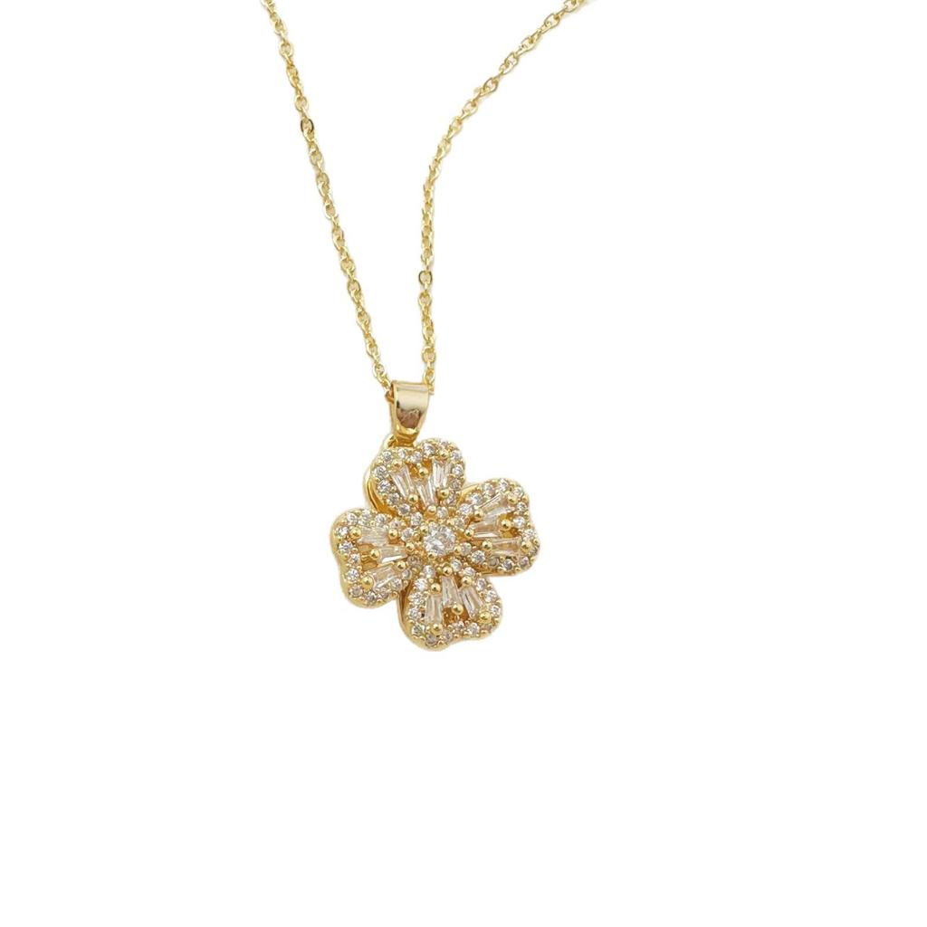 French Vintage Four-Leaf Clover Zircon Jewelry Set: Elegant Earrings, Necklace, and Ring for Weddings and Everyday Wear