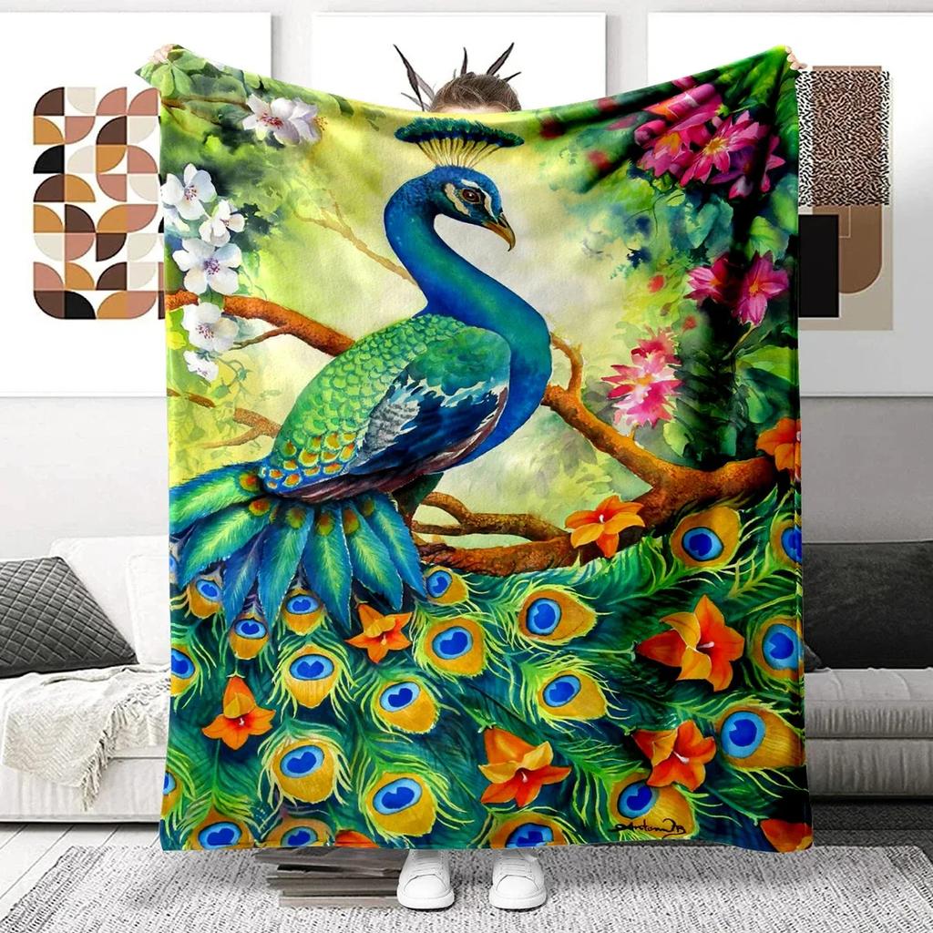 Colorful Peacock Picture Digitalprinted Polyester Bedroom Velvet Flannel Cover Blanket Fleece Soft Sofa Cover Blankets for Beds