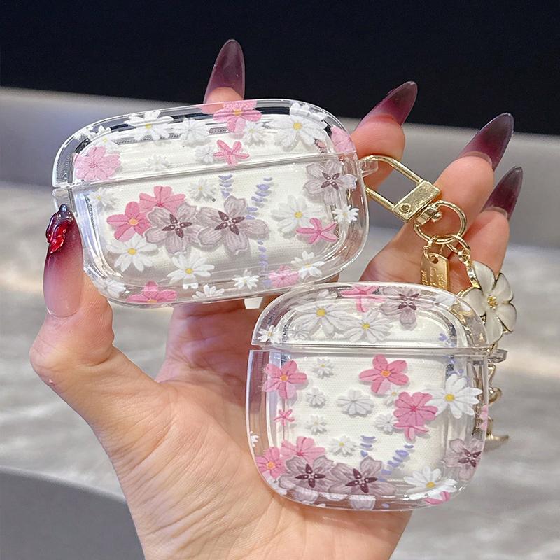 Pink Flowers Pattern Wireless Bluetooth Case for AirPods 4 3 1/2 AirPod Pro and Pro2 Case TPU Headset Protective Cover with Hoo