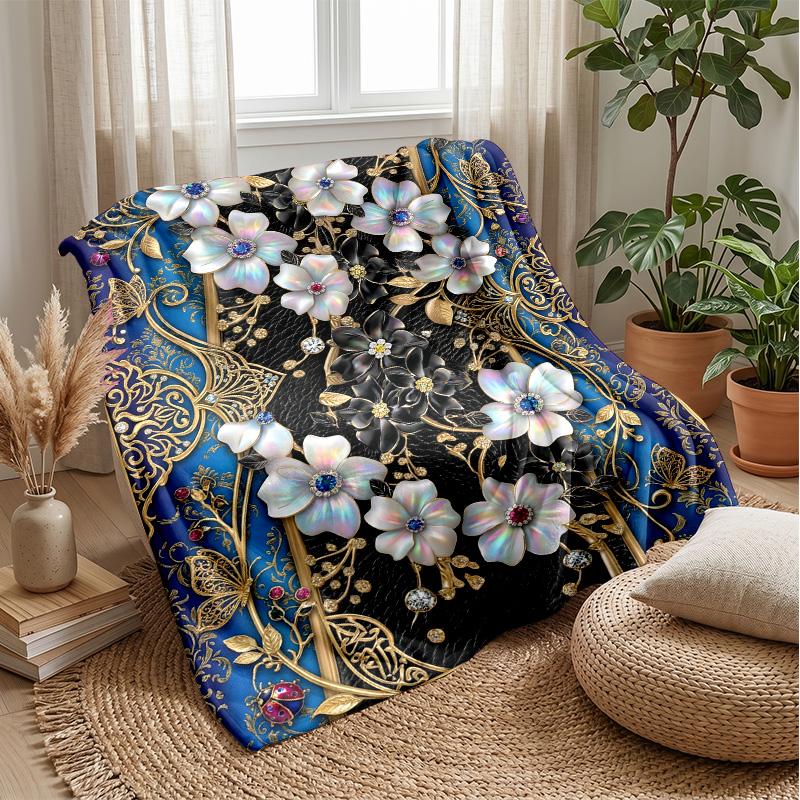 Elegant Floral Frame Theme Blanket Lightweight Warm Flannel Blanket Decorative Throw Blanket for Home Decoration