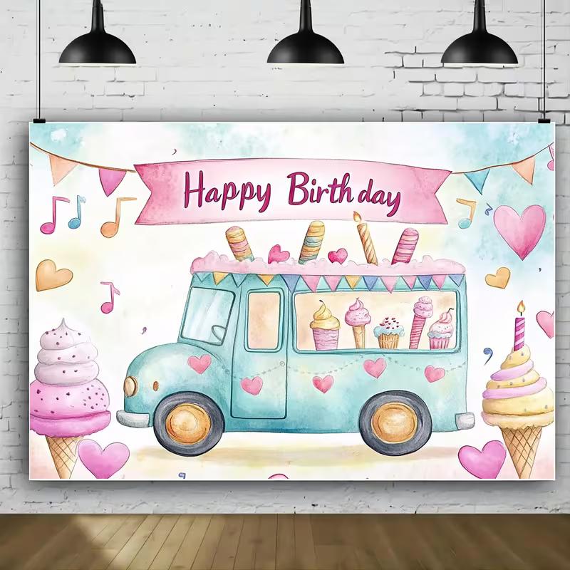 Pastel Blue Ice Cream Van Tapestry for Birthday Celebration