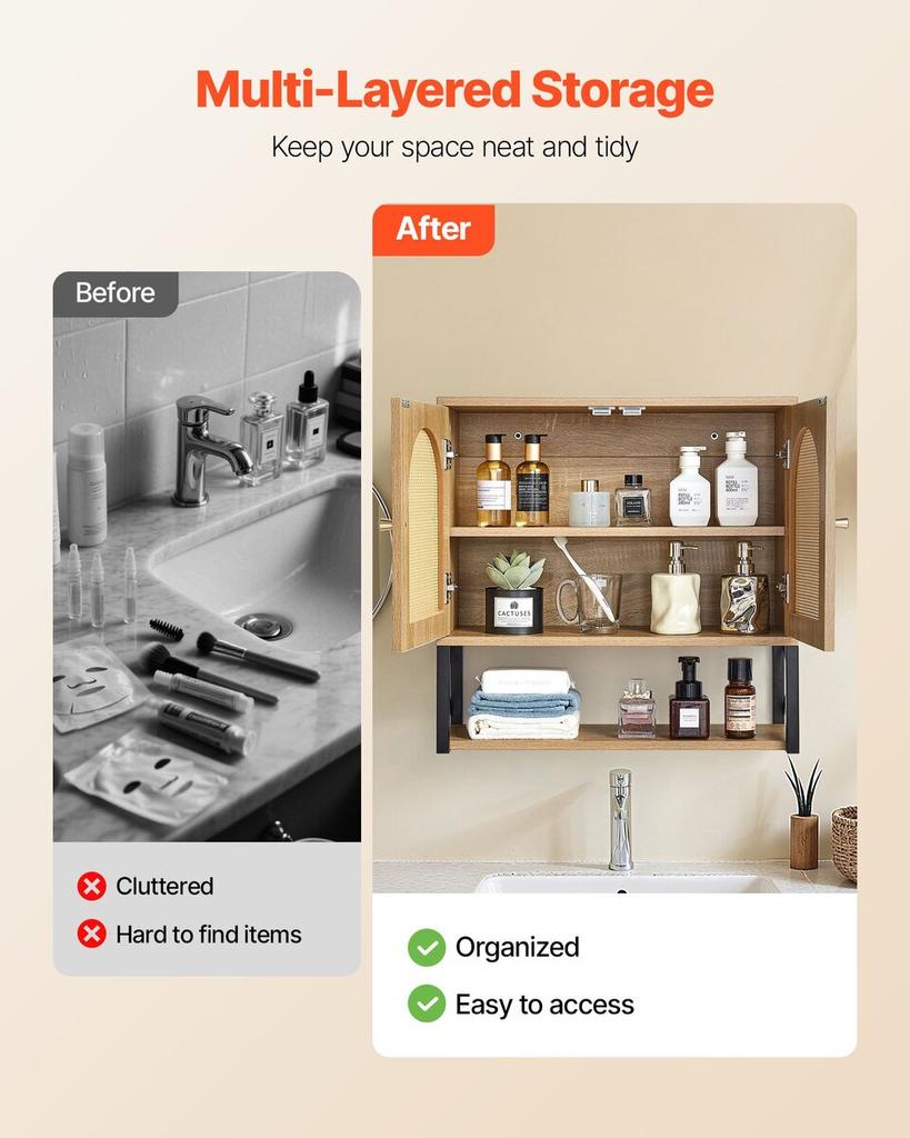 Bathroom Wall Cabinet, with 2 Doors and Adjustable Shelf, Over the Toilet Storage Medicine Cabinet Wall Mounted, Hanging Organizer with Shelves & Open