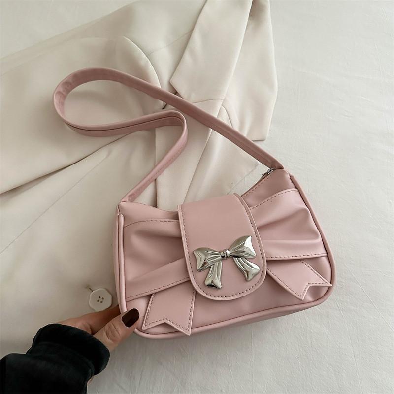 Stylish Modern Bowknot Chain Mini Shoulder Handbag For Women In Black White Pink Khaki Silver Brown