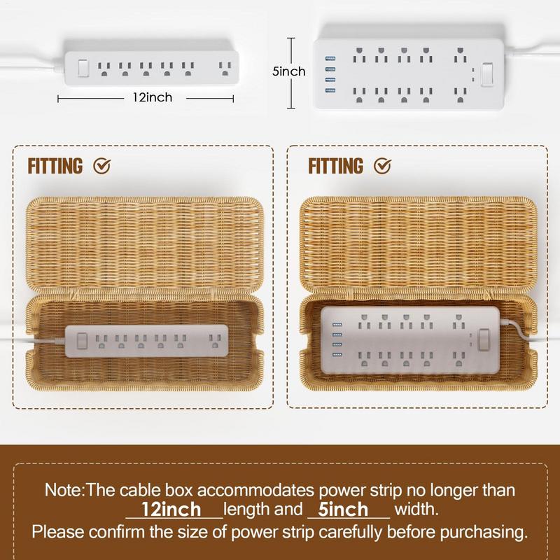 Rattan Cable Management Box Cable Hider Organizer Breathable Cable Box Organizer 2 Open Slots Cords Power Board Hider Box