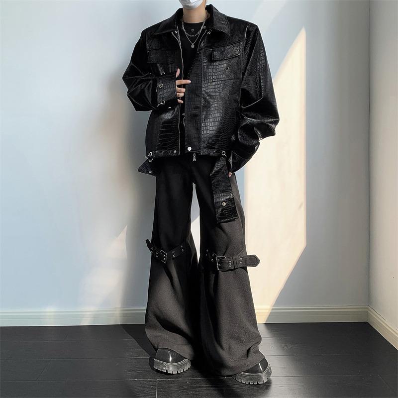 Crocodile pattern shoulder padded leather jacket design sense niche European and American hiphop jacket men's fashion high sense retro top