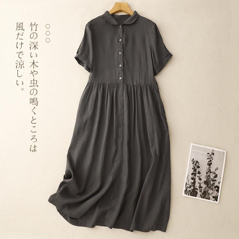 

2025 лето новое платье из хлопка и льна с короткими рукавами рубашка с лацканами юбка свободного кроя маятник среднее и длинное платье 2XL темно-серого