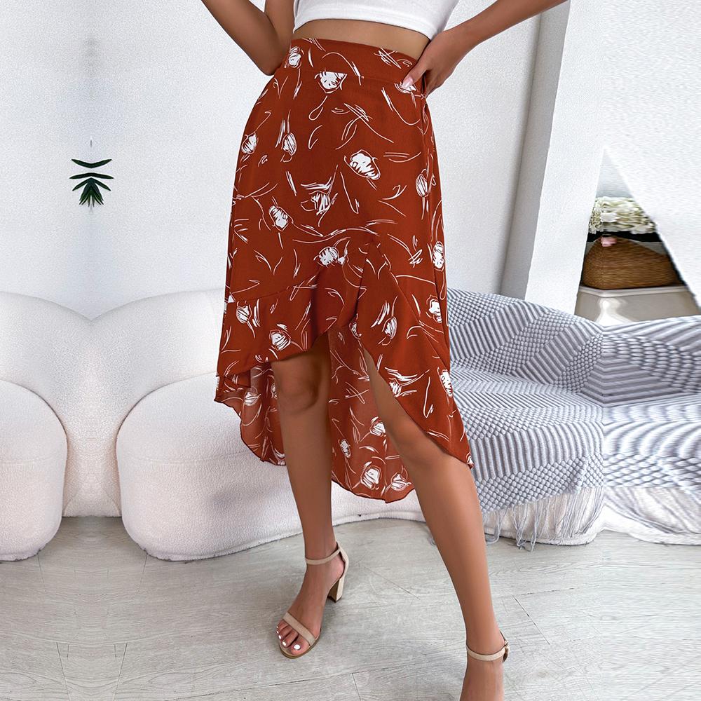 Dámské elegantní sukně jaro/léto květinové asymetrické volány s vysokým pasem