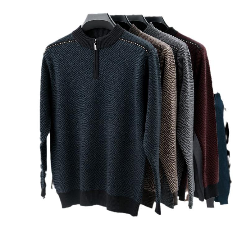 Men'S Autumn And Winter Half Turtleneck Knitted Sweater Half Zipper Middle-Aged And Elderly Bottoming Shirt Loose Light Luxury Casual Line Top