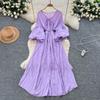 Retro V-Ne Belted Waist Lantern Sve Dr Knee-Length A-Line Midi Dresses Korean Sle Summer Long Dress for Women
