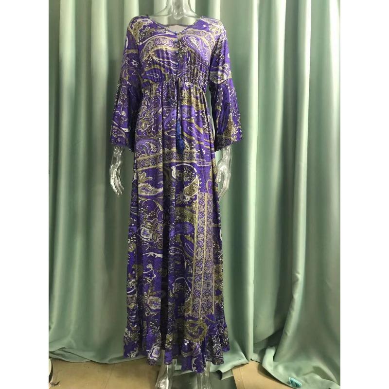 Abito Bohemian da Donna Estate Manica a Svaso Stampa Floreale Scollo a V Ampio Abiti da Donna Elegante Linea ad A Vita Alta Abito da Donna per Vacanze al Mare