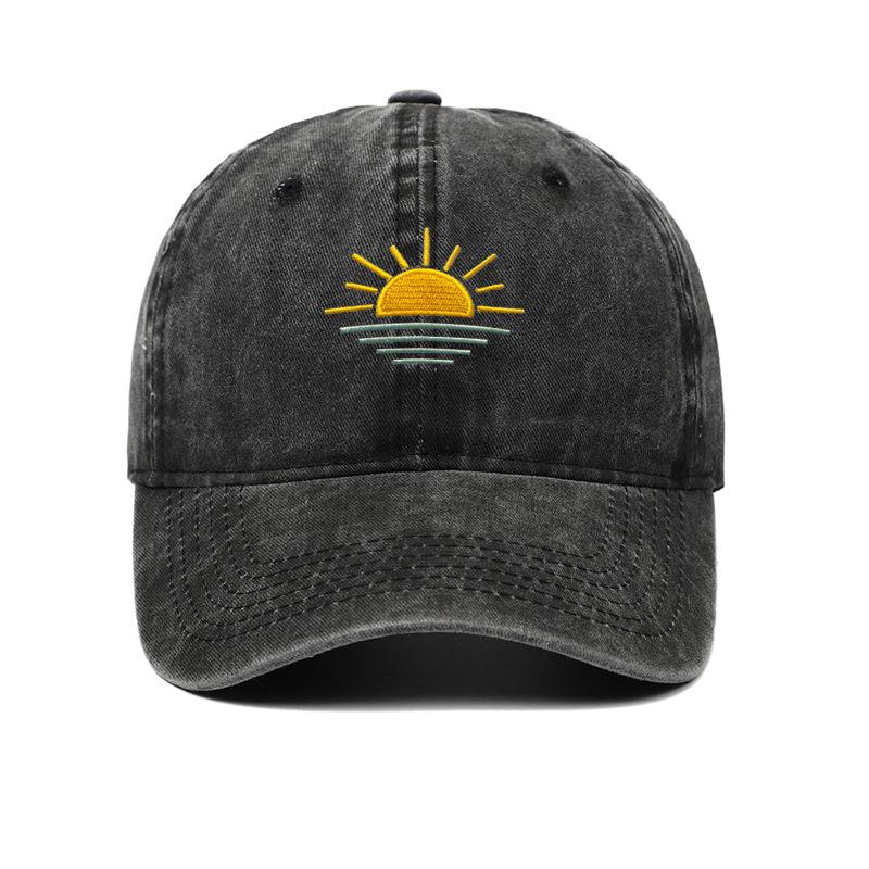 Unisex Vintage Washed Baseball Cap - Embroidered Beach Sunrise, Breathable & Sun Protective for Summer Outdoor Activities