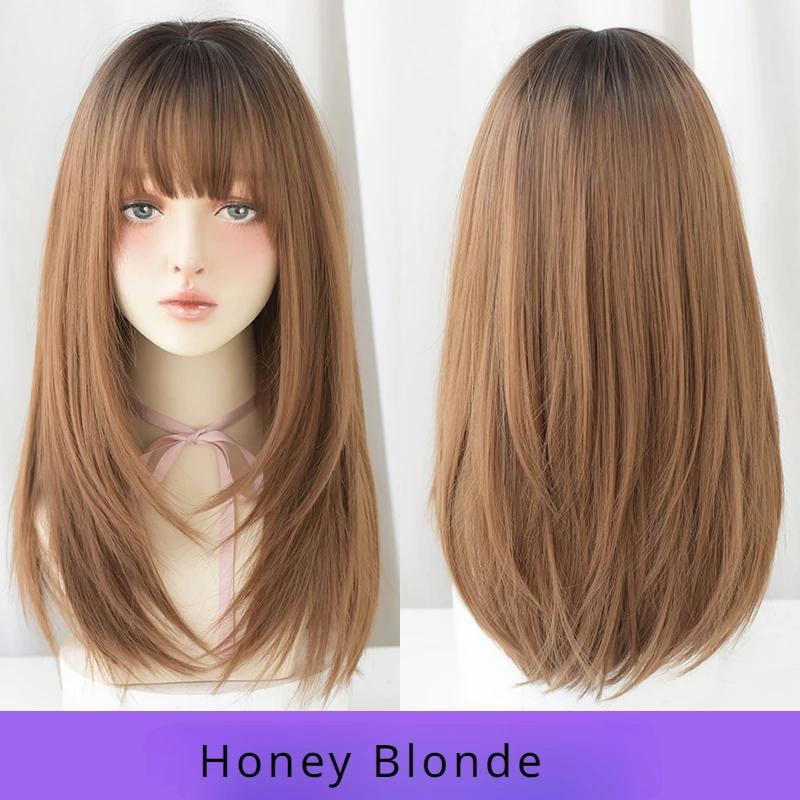 Straight Layered Blonde Wigs With Neat Bangs High Density Synthetic Natural Fake Hair Wig For Women Daily Cosplay Party Wigs