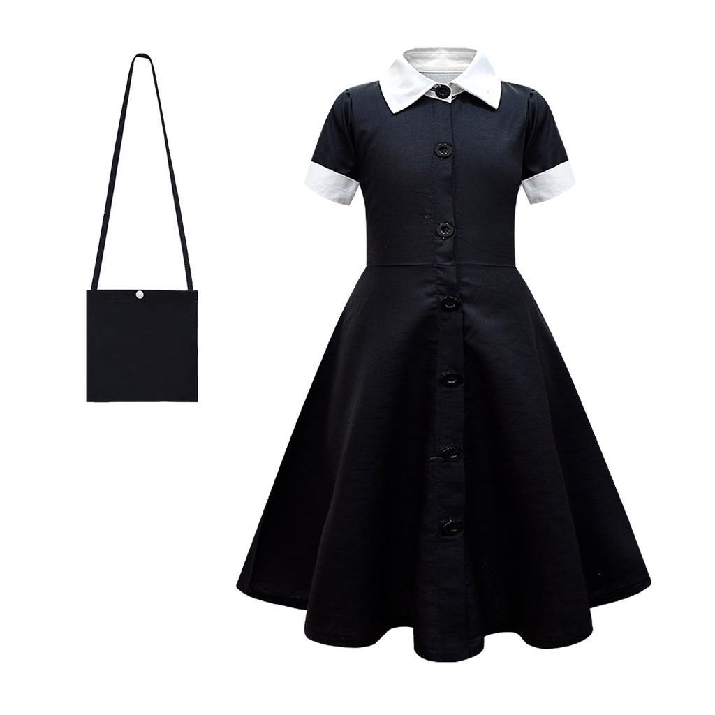 Addams Family Wednesday Cosplay Kostüm-Luxuriöses Schwarzes Kleid für Halloween Weihnachtsfeier