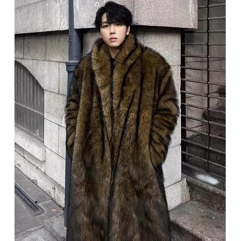 Men's Fur Coat, Wolf Fur, Fox Fur, Lapel Long Overcoat, Winter Windproof and Warm Windbreaker, Large Size