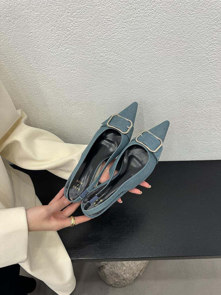 Fashion Fashion Women Sandals Pointed Toe Summer Dress Shoes Thin Mid Heels Black Beige Blue Silver Belt Buckle Party Sandals Summer 39