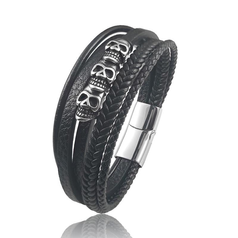 

Classic Leather Skull Ghost Head Bracelet Men s Stainless Steel Magnetic Buckle Bracelet Bangles for Friend Jewelry Gift 20.5cm серебряный
