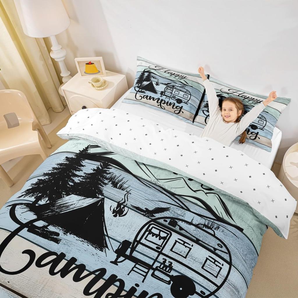 Erosebridal Happy Camping Duvet Cover Set Camper Bedding Sets Twin,Rustic Farmhouse Comforter Cover Camping Accessories Bedding,RV Car Theme