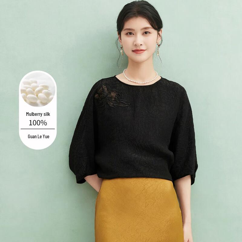 Golden Chrysanthemum 100% Mulberry Silk Floral Print Round Neck Mid-Sleeve T-Shirt for Women L