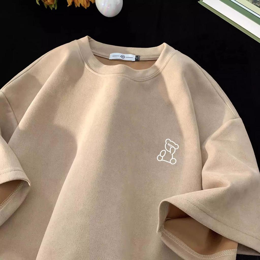 American Retro Men's Oversized Suede Short Sleeve T-Shirt - Trendy Summer Fashion, Small Collar, 5-Point Sleeve, 220g Heavyweight.