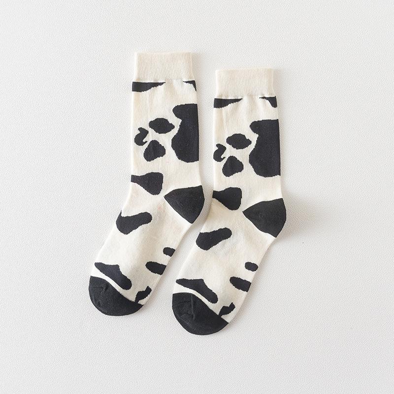 Socken in japanischem Stil mit Tiermuster, mittellang: Kuh, Zebra, Katzen-Design, Unisex, Schwarz & Weiß