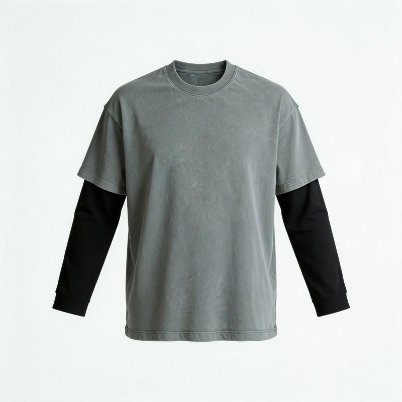 Washed Distressed Fake Two-Piece Long Sleeve