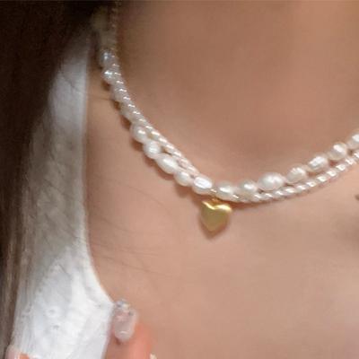 French Retro Double-Layer Irregular Pearl Love Bean Necklace Women'S Light Luxury Personalized Fashion Neck Chain Collarbone Chain