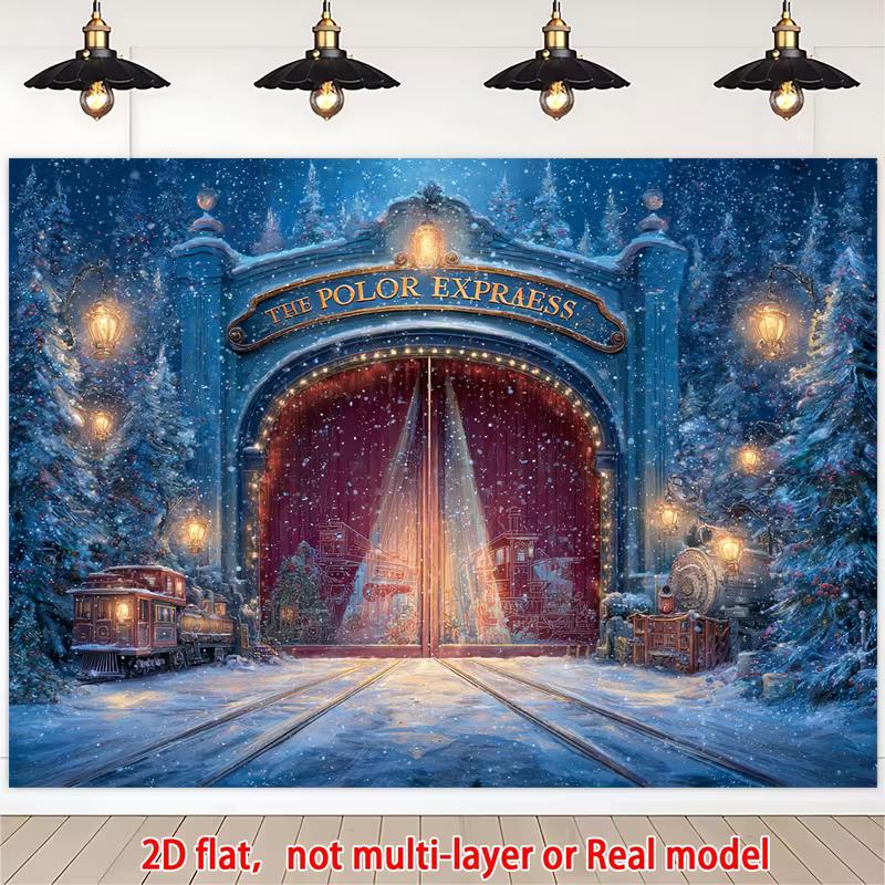 2D Snowy Pine Forest Vintage Steam Train Background for Winter Xmas Party Decoration 47.2x31.5inch/120*80cm