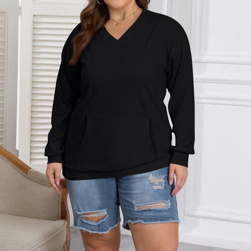 Women's Fashion Casual Solid Color Long Sleeve Oversized Pocket Plus Size Top