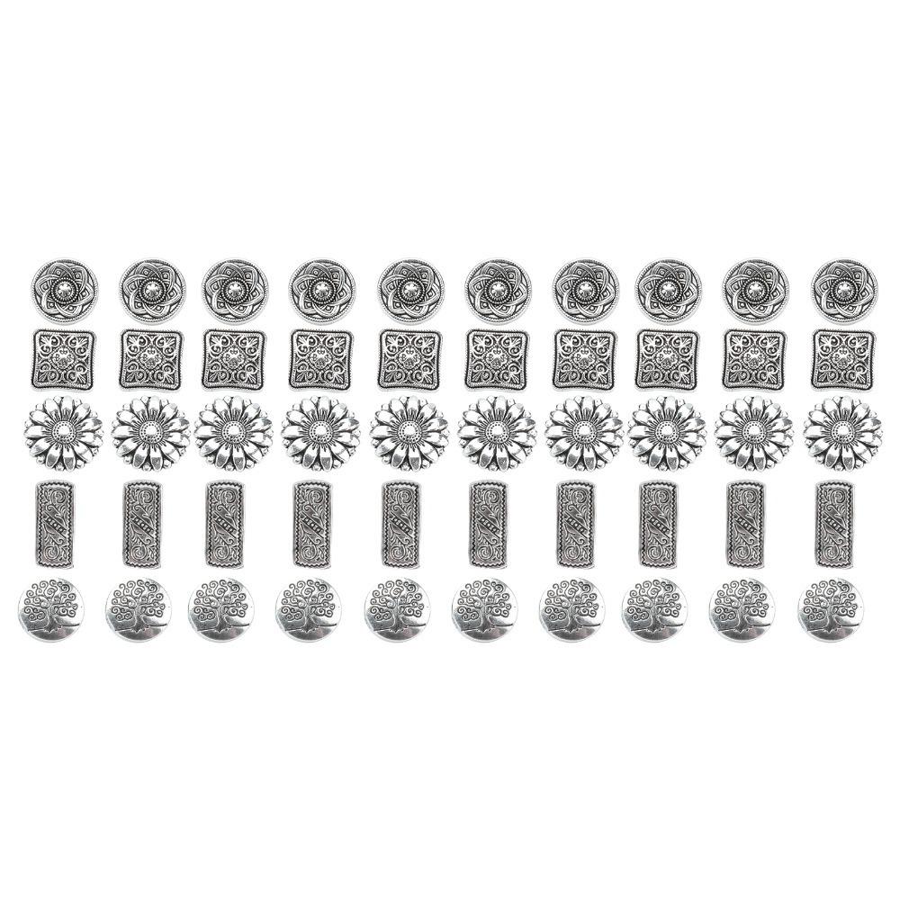 50pcs Antique Silver Flower Buttons Round Shape Engraved Buttons Metal Buttons For DIY Projects