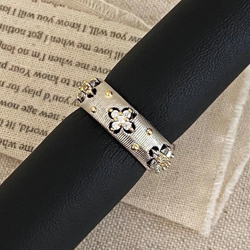 Pravé Sterlingové Stříbro 18K Zlato Zirkon Hvězda Kulatý Otevírací Prsteny pro Ženy Vintage Jemné Lehké Luxusní Doplňky