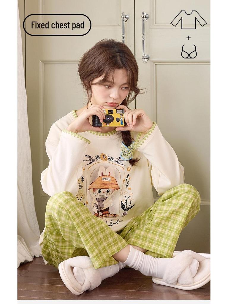 Piżama damska z długim rękawem i nadrukiem w kreskówkowe wzory, z wkładką na klatkę piersiową – uroczy komplet z okrągłym dekoltem do noszenia w domu lub na okrycia wierzchnie wiosną, jesienią i zimą