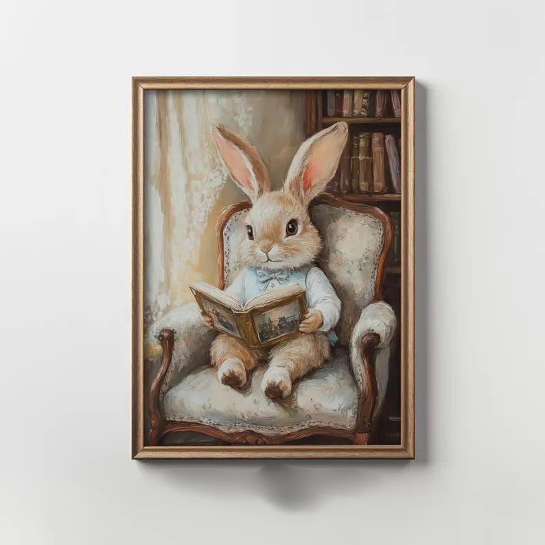 Spring Prints, Set of 6 Spring Gallery Wall Art,Vintage Easter Bunny Painting, Farmhouse Easter Paintings,Farmhouse Poster Decor