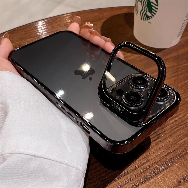 Fold Glass Lens Stand Holder Clear Case For 17 16 15 14 13 12 Pro Max Plus Plating Camera Protection Shockproof Cover