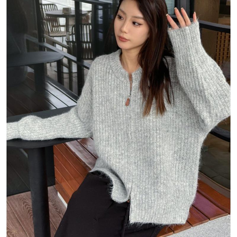 

Осенний новый кардиган вязаный топ с круглым вырезом и двойной молнией, женский модный свободный универсальный свитер-куртка one size fits all светло-серый